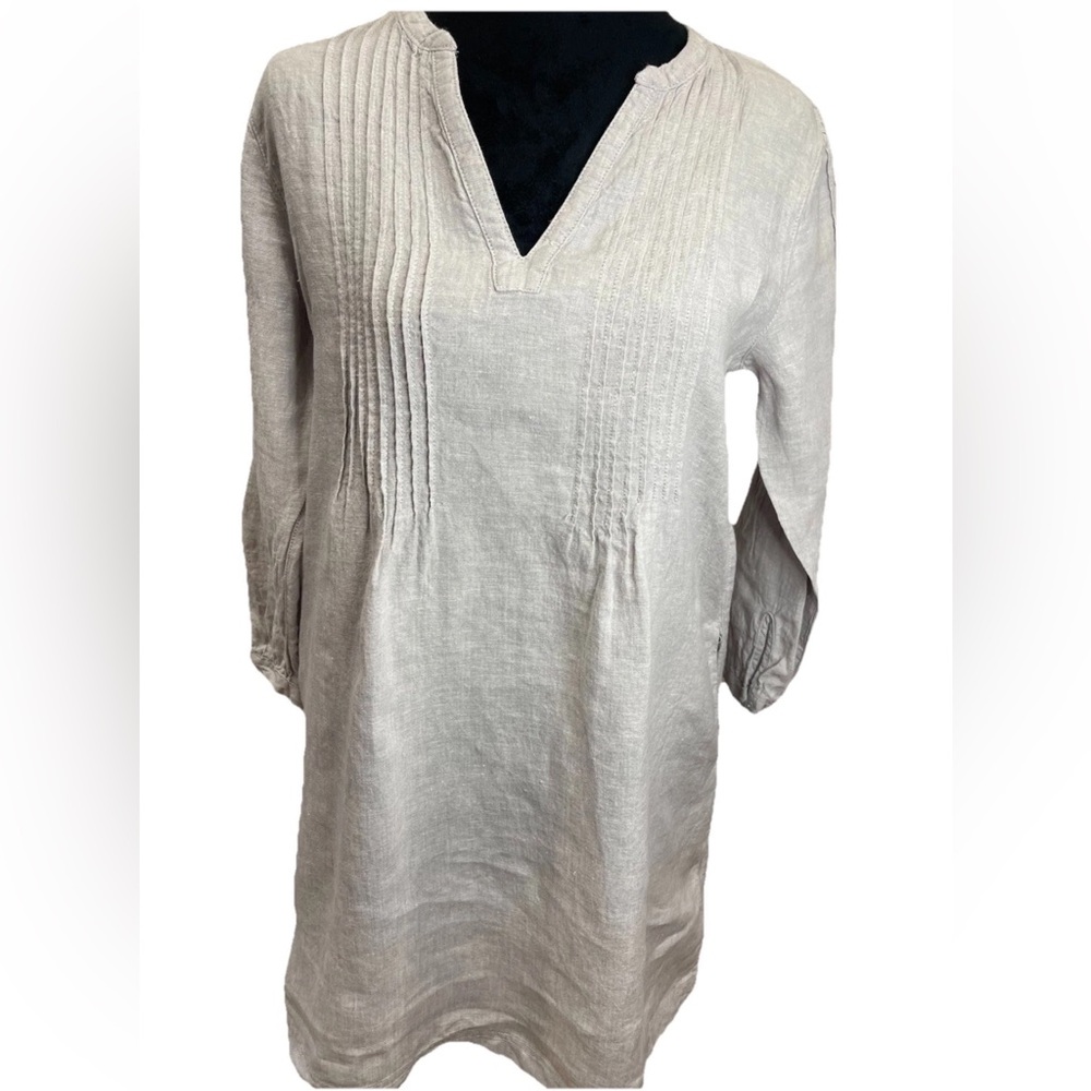 Tahari 100% linen gray ladies pullover mini dress pockets pleated V-Neck size XS